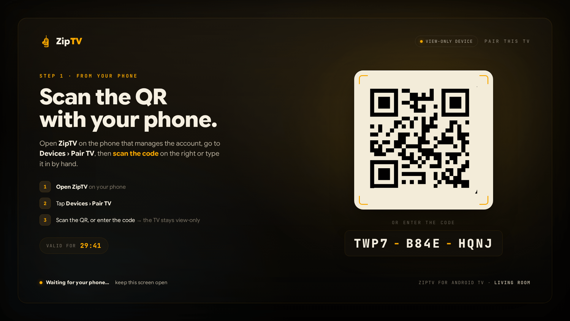 Schermata di associazione TV con QR e codice