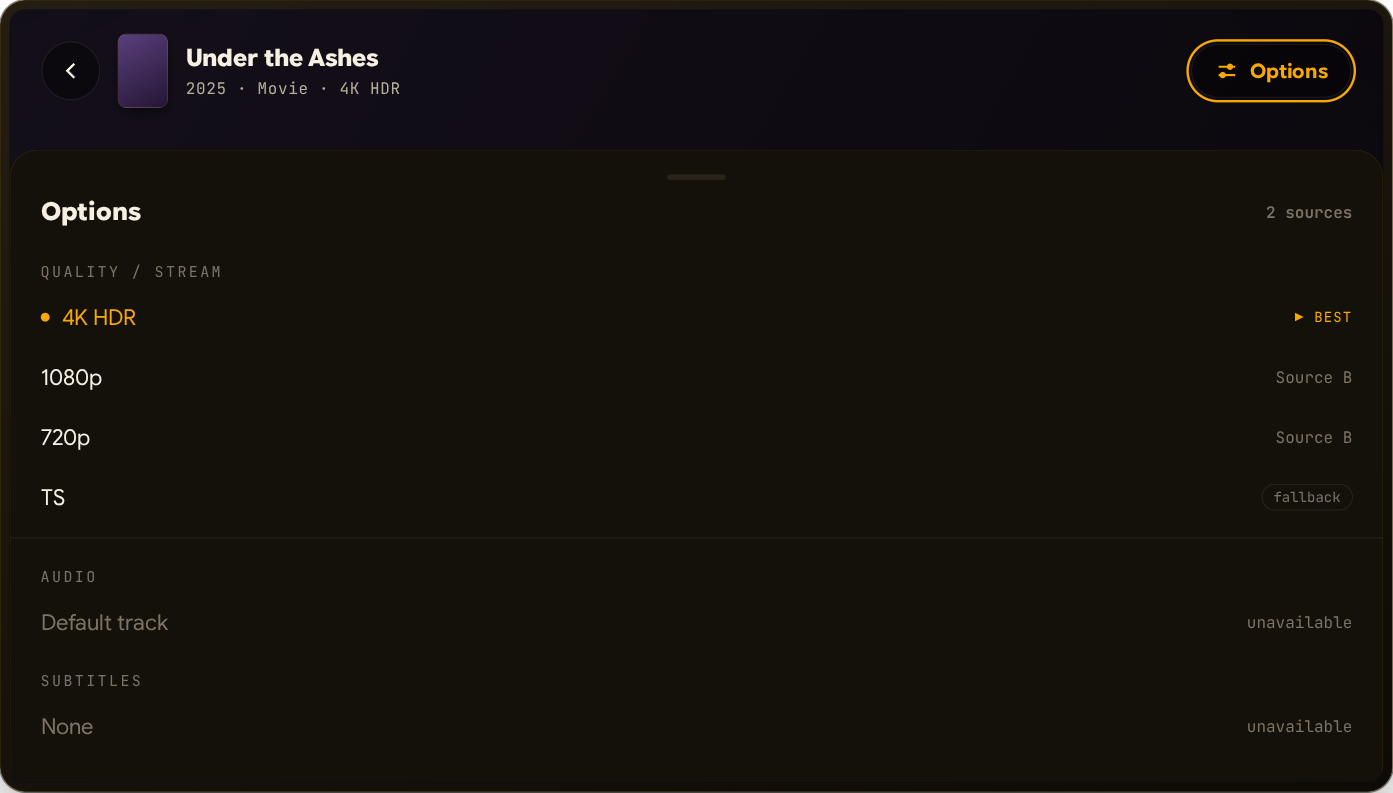 Menu Opzioni del player aperto con più sorgenti per lo stesso titolo